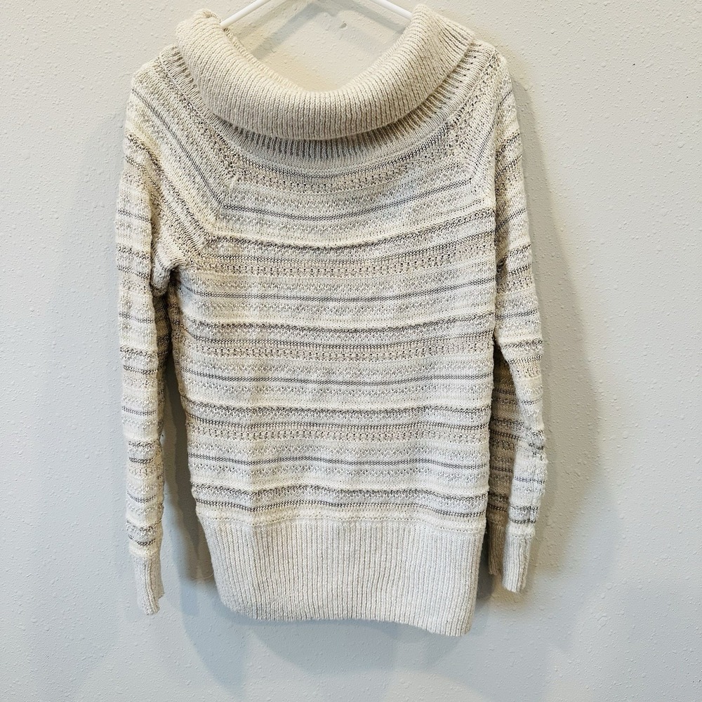 White House Black Market Cowl Neck Stripped Knit Sweater Silver Beige Size L